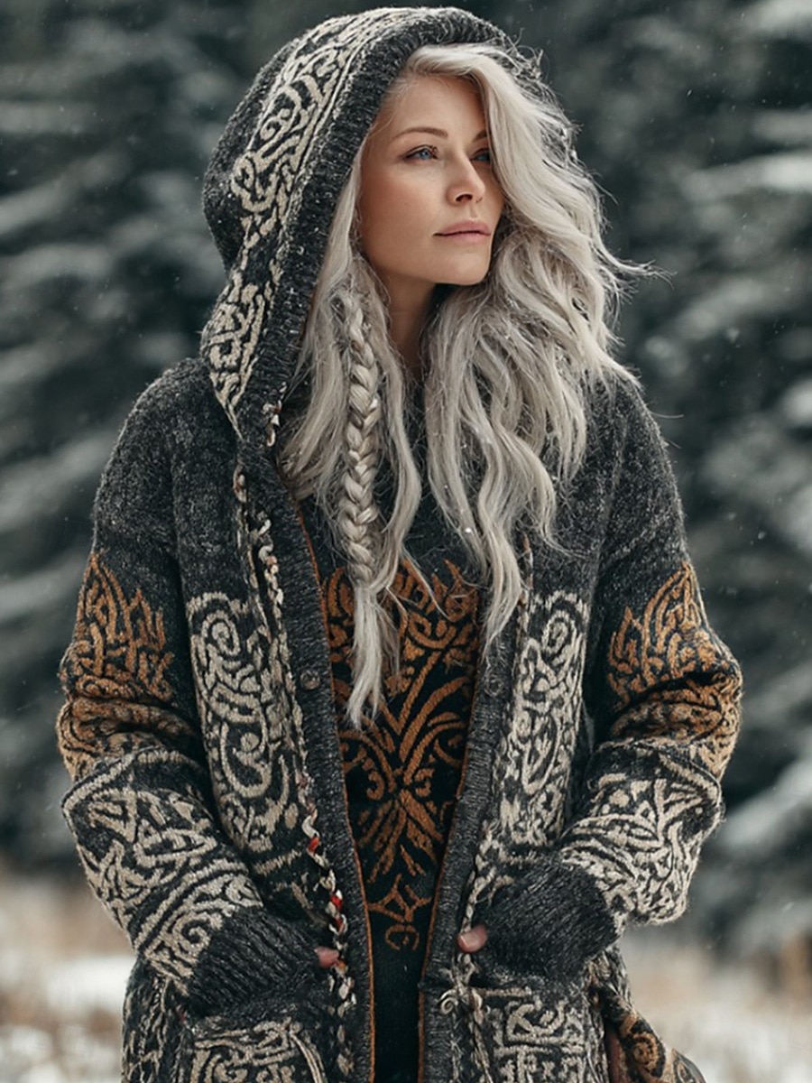 viking boho damkofta vintage vardag etnisk stil geometrisk färg tonad ribbad huva fickor knappar tryck långärmad långa toppar stickad utomhus helg gul blå höst vinter 2025 - $45.99 –P3