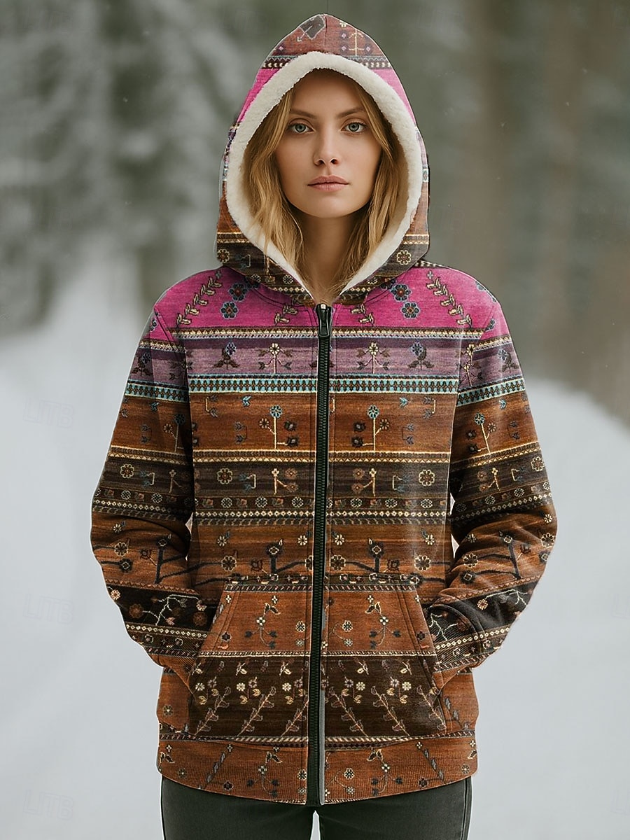 Kvinnors vinterjacka varm dragkedja ficka tryck avslappnad blommig avslappnad vanlig huva vanlig passform lång ärm ytterkläder rosa blå lila höst vinter 2025 - $47.99 –P1