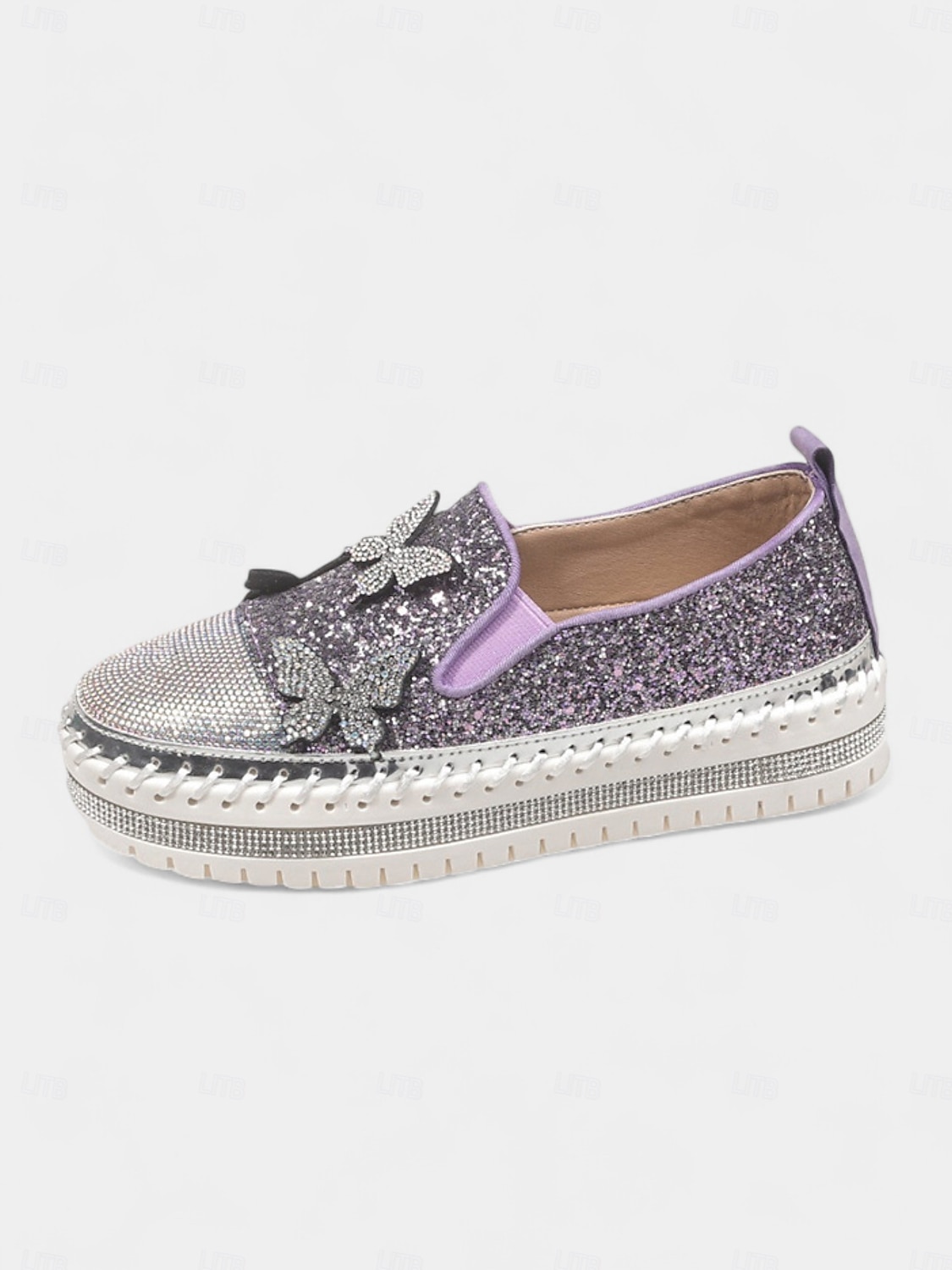 Sneakers slip-on da donna con plateau, glitter viola e design a farfalla in strass - scarpe alla moda per la vita notturna, le feste e le discoteche del 2025 a $32.99 –P2