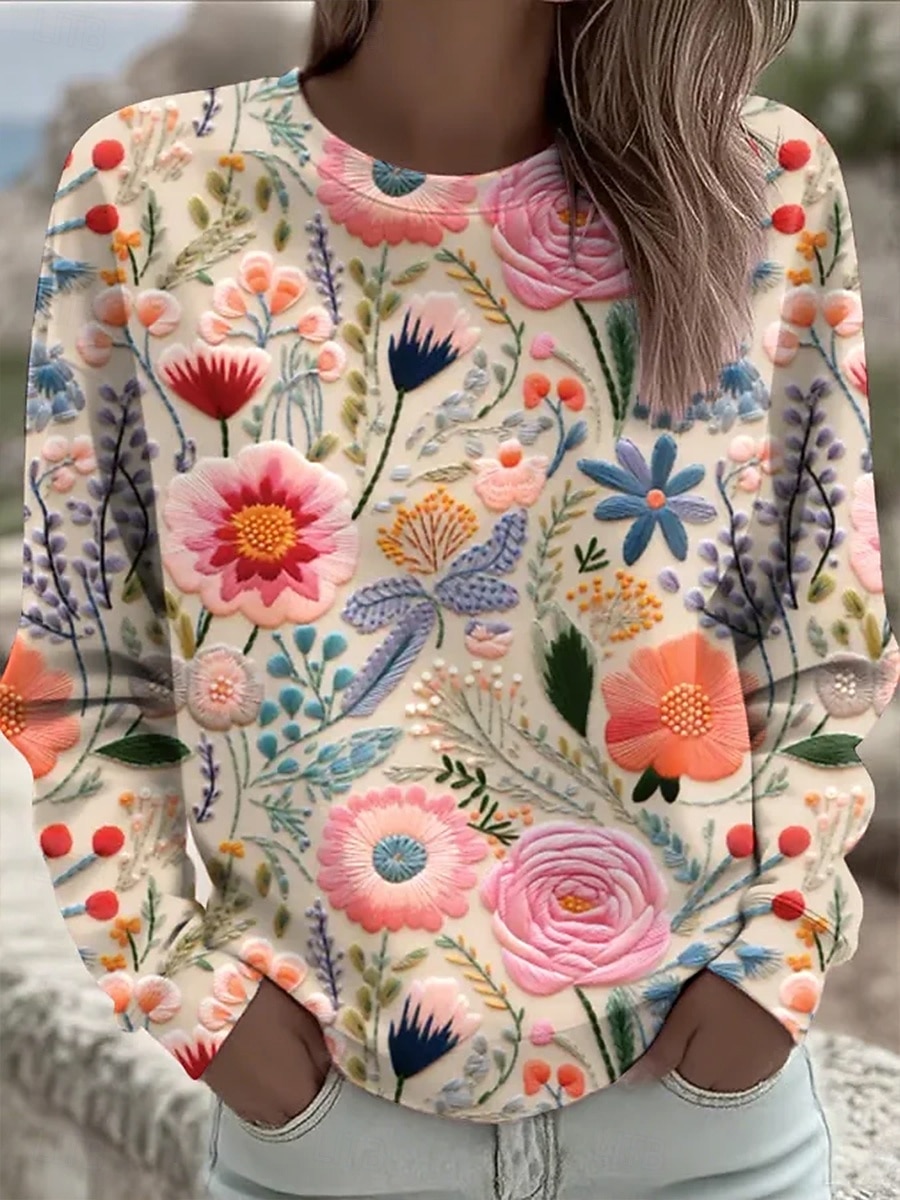 Dame Gensere Blomstret Grafisk Årgang Fritid Langermet Crew-hals Rund hals Vanlige topper Gate Hverdag Avslappet Trykt mønster Rosa Vår Høst Vinter 2025 - $26.99 –P1