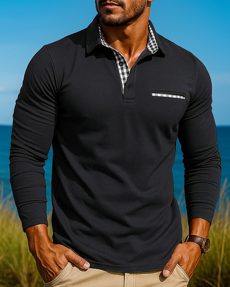 Herre POLO T-skjorte Langermet Aftæpning Topper Utendørs Pustende Vår Høst Polyester Svart Militærgrønn Rød Tennis Golf Løp 2026 - $26.99 –P4