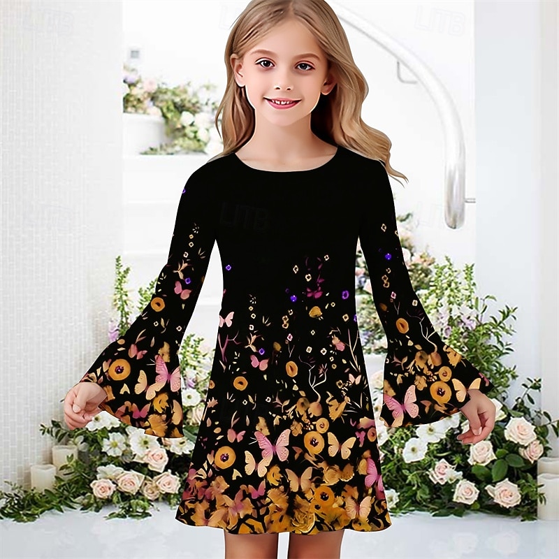 Girls ' 3D Mariposa Vestido Vestido de volante Manga Larga Verano Primavera Vacaciones Diario Festivos Hermosa Dulce Niños 4-12 años Vestido informal Hasta la Rodilla Ajuste regular 2026 - $15.99 –P3