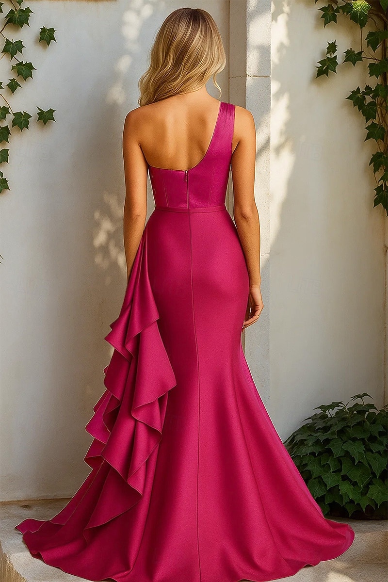 Syrena Suknia wieczorowa Elegancja Suknia formalna Formalny Ślub Tren sweep Bez rękawów Na jedno ramię Satyna z Z marszczeniami Falbany 2025 2025 - $154.99 –P2