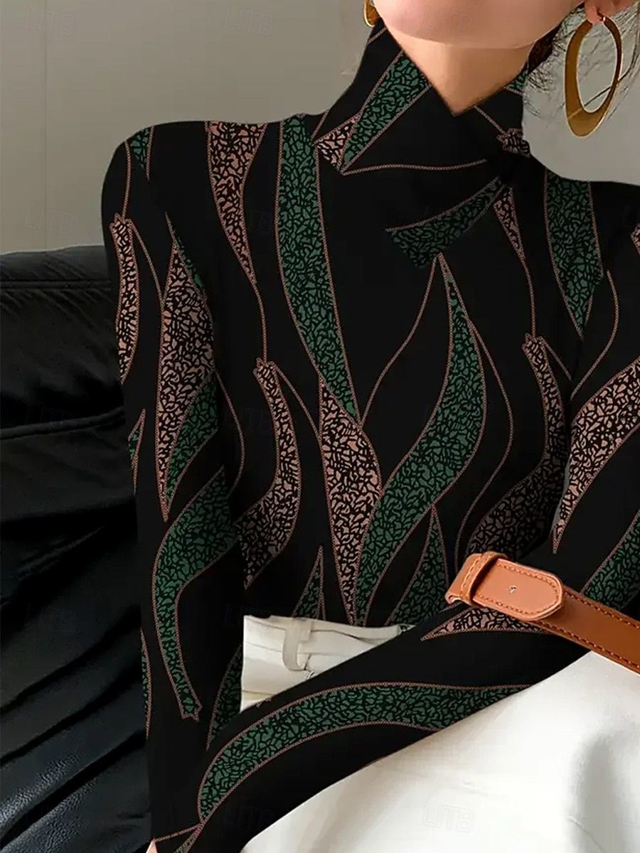 Mujer Camiseta Estampado Graphic Abstracto Geometría Elegante Vintage Clásico Manga Larga Cuello Alto Cuello asimétrico Tops regulares Diario Verde Oscuro Primavera Otoño Invierno 2026 - $25.99 –P2