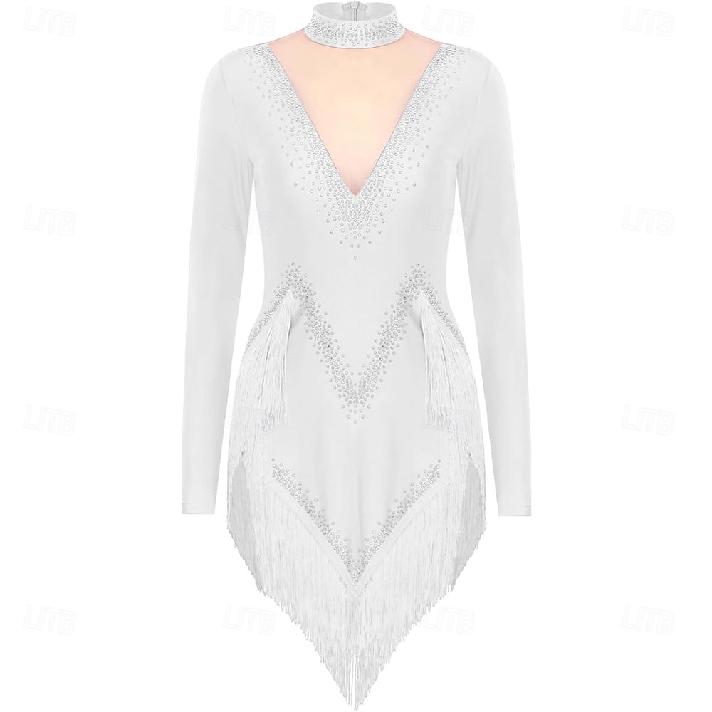 Rochie de dans latino strălucitoare pentru femei, cu mânecă lungă, cu ciucuri, cha cha, salsa, rumba, tango 2025 - $142.99 –P6