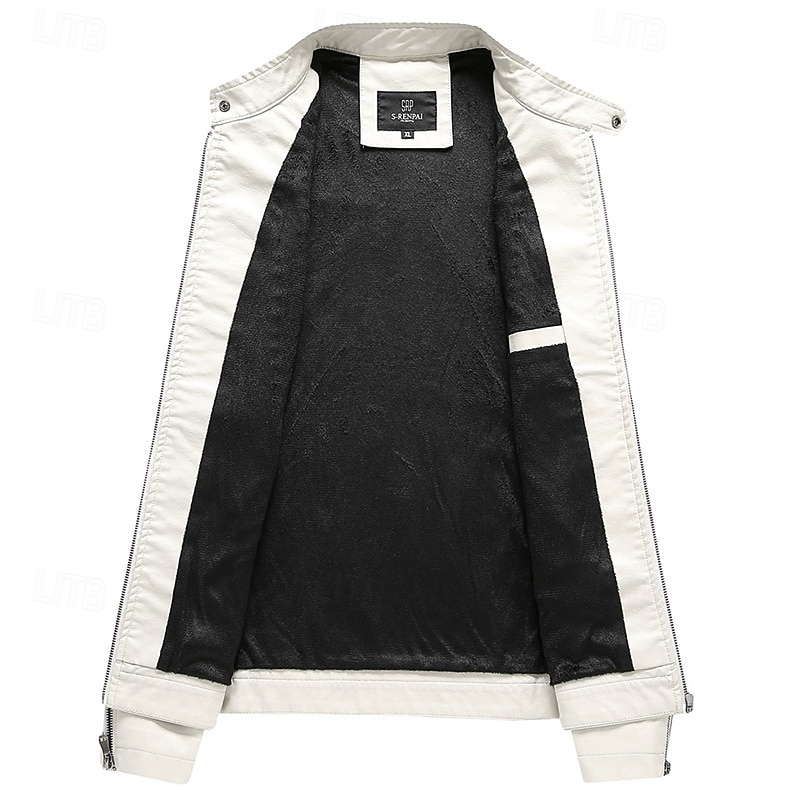 Men's Faux Leather Jacket Fleece Jacket Biker Jacket Motorcycle Jacket Vacation Daily Windproof Warm Pocket Fleece Fall Winter Plain Fashion Classic Stand Collar Regular Black White Wine Jacket 2025 - $54.99 –P4