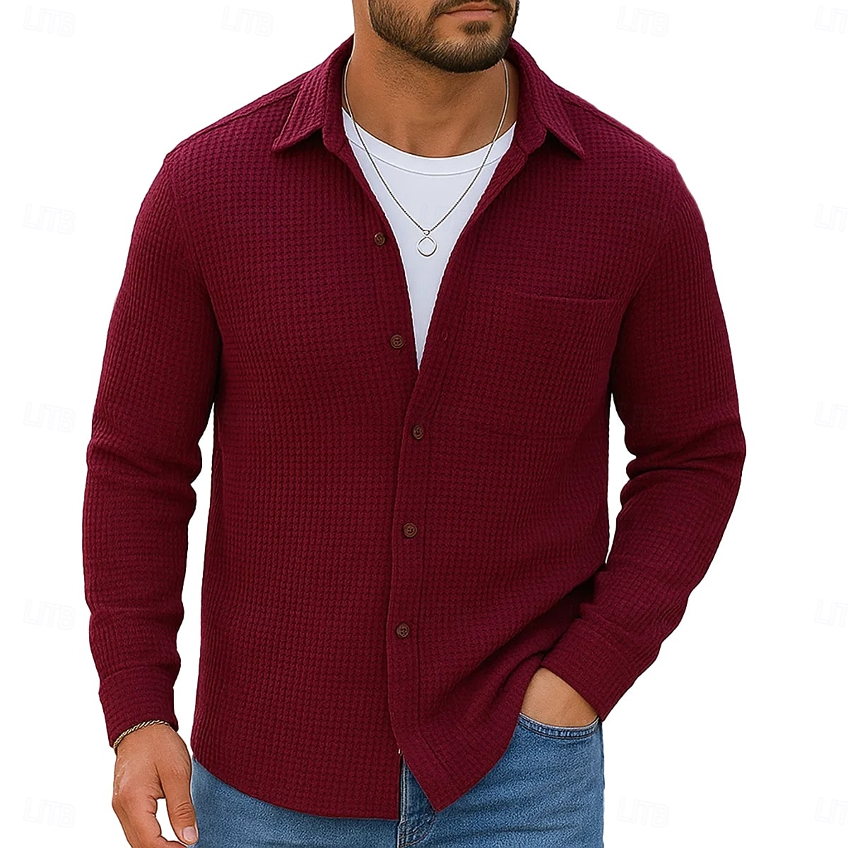 Per uomo Camicia Camicia a nido d'ape Camicia Estiva Camicia casual Camicia con Bottoni Nero Borgogna Blu Verde Kaki Manica Lunga Semplice Testurizzato Bavero Vacanza Casuale Tasca Abbigliamento Moda del 2025 a $23.99 –P10