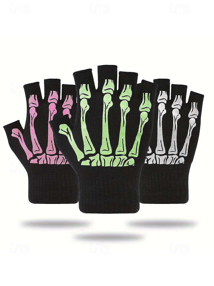 2025年 メンズハロウィンスケルトン指なし手袋 - 伸縮性のあるフリース素材の滑り止めニットミトン。コスプレ、パーティー、アウトドアウェアに最適。  コレクション – $7.99 –P6