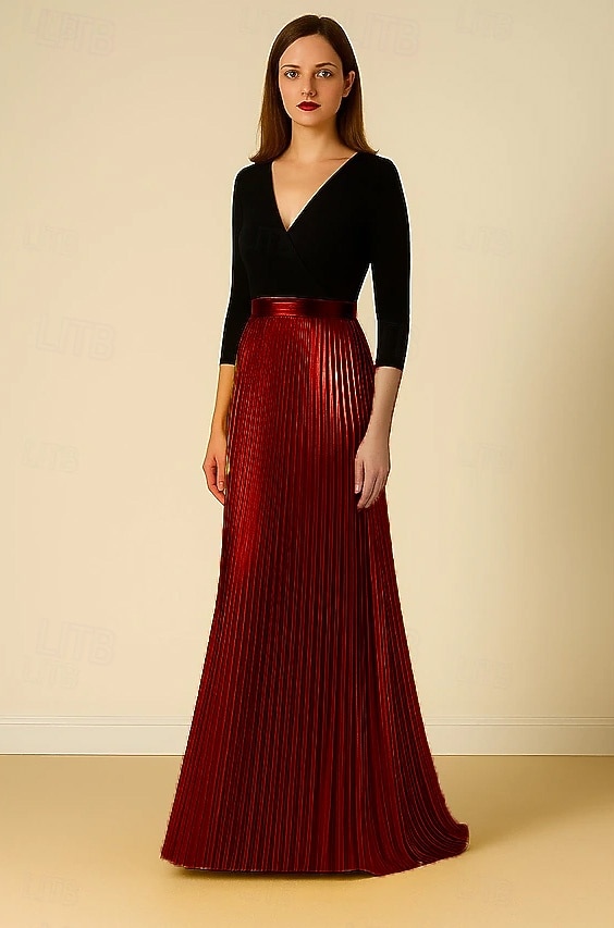 Ligne A Robe de Soirée Élégant Robe de soirée Formel Mariage Longueur au sol Manche 3/4 Col en V Crêpe Extensible avec Plis 2025 de 2025 ? $154.99 –P5