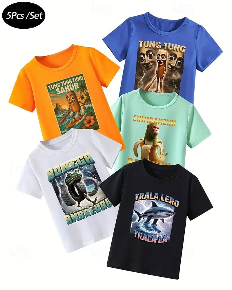 5 st. kortärmade sommar-t-shirts för pojkar, avslappnade rundhalsade toppar i blandade färger, lekfull grafisk design, bekväm passform - krokodil cappuccino tral haj dong dong kokosnöt elefant 2025 - $52.99 –P1