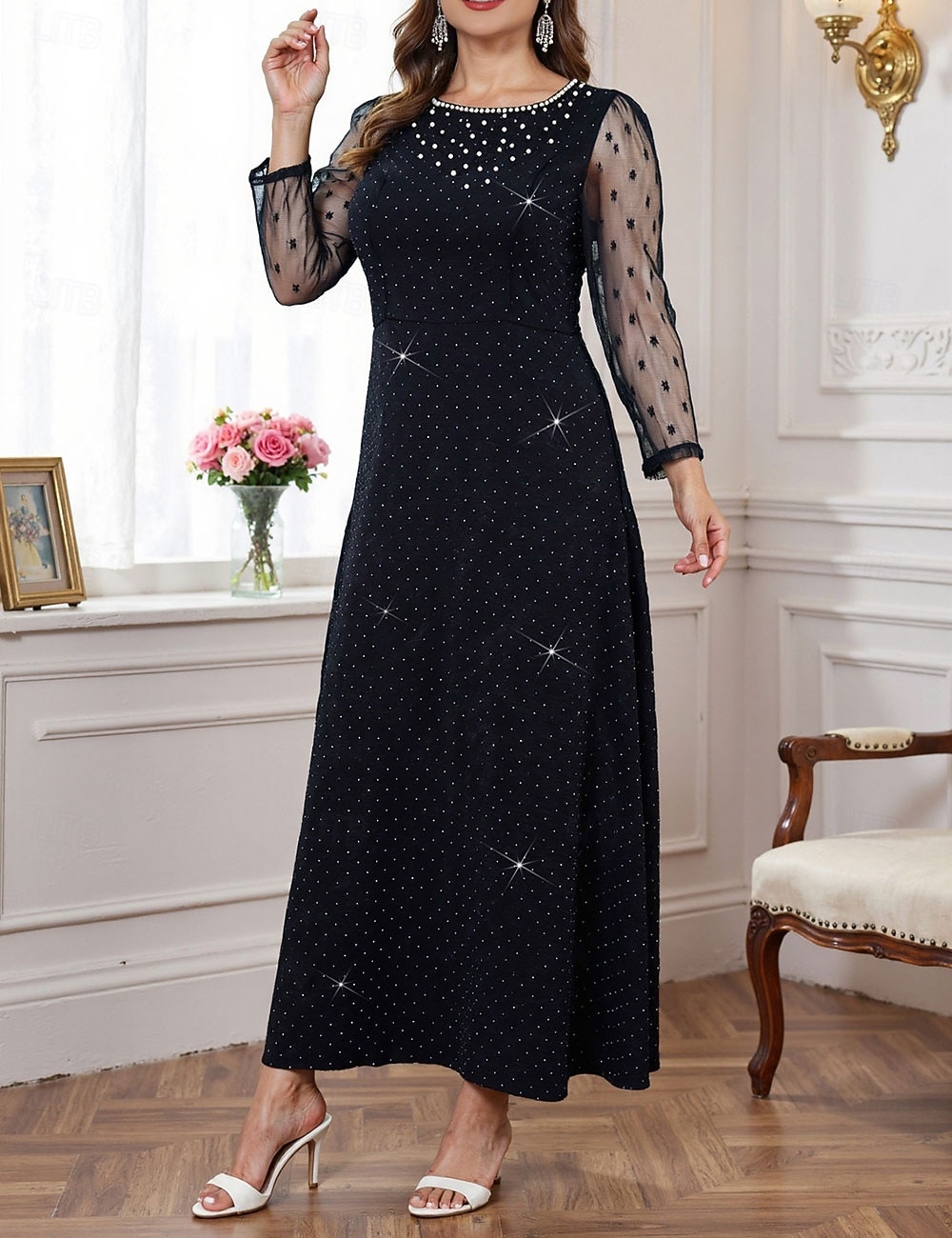 A-Linie Brautmutterkleid Übergröße Glanz & Glamour Rundhalsausschnitt Knöchellänge Chiffon Polyester Langarm mit Perlen 2025 - $74.99 –P6