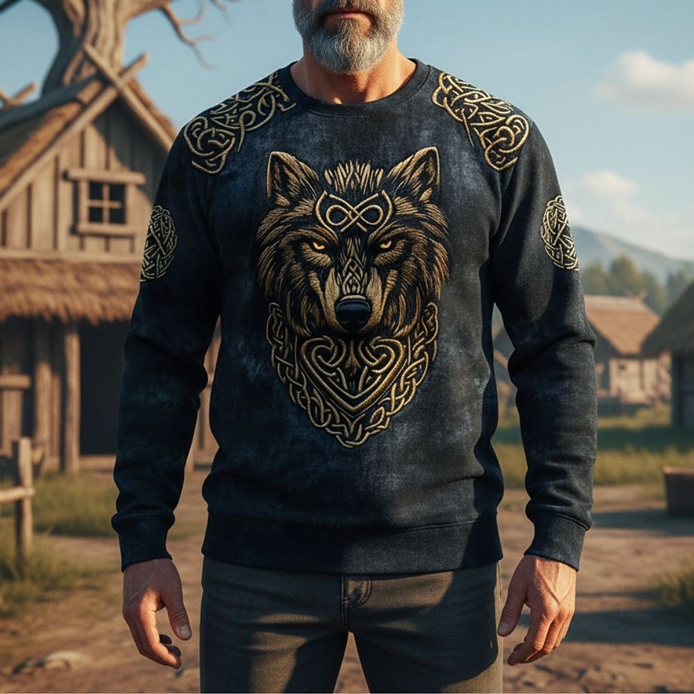Homens Moletom Azul Preto Marron Gola Redonda Lobo Nó Celta Imprimir Casual Diário Streetwear Vintage Viking Outono Inverno Roupa Moletons Moletons Manga Longa de 2026 por $29.99 –P1
