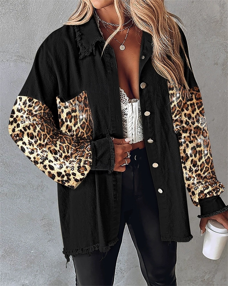 Dam Vardaglig jacka Bekväm Andningsfunktion Ficka Färgblock Knappar Ledigt Leopard Semester Gata Ledigt Dagliga kläder Enkelknäppt Normal Nedvikt Lös passning Långärmad Ytterkläder Svart Vår Höst 2025 - $51.99 –P1