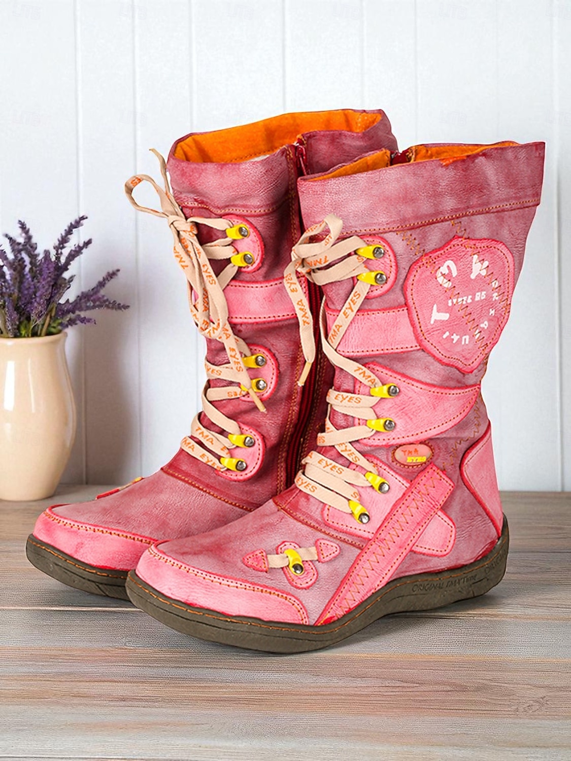 Botas de combate rojas con cordones a media pantorrilla para mujer con forro polar, estilo rústico vintage, cómodas botas hechas a mano para atuendos casuales y ropa de invierno al aire libre. 2026 - $89.99 –P1