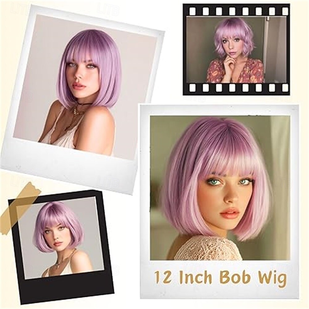 12 Inch Short Bob Pink Mixed Purple Wig with Bangs Colorful Wig for Halloween Daily Cosplay & Party Use Heat Resistant Straight Synthetic Cosplay Party Wigs for Women Purple Pink 2026 - $16.49 –P5