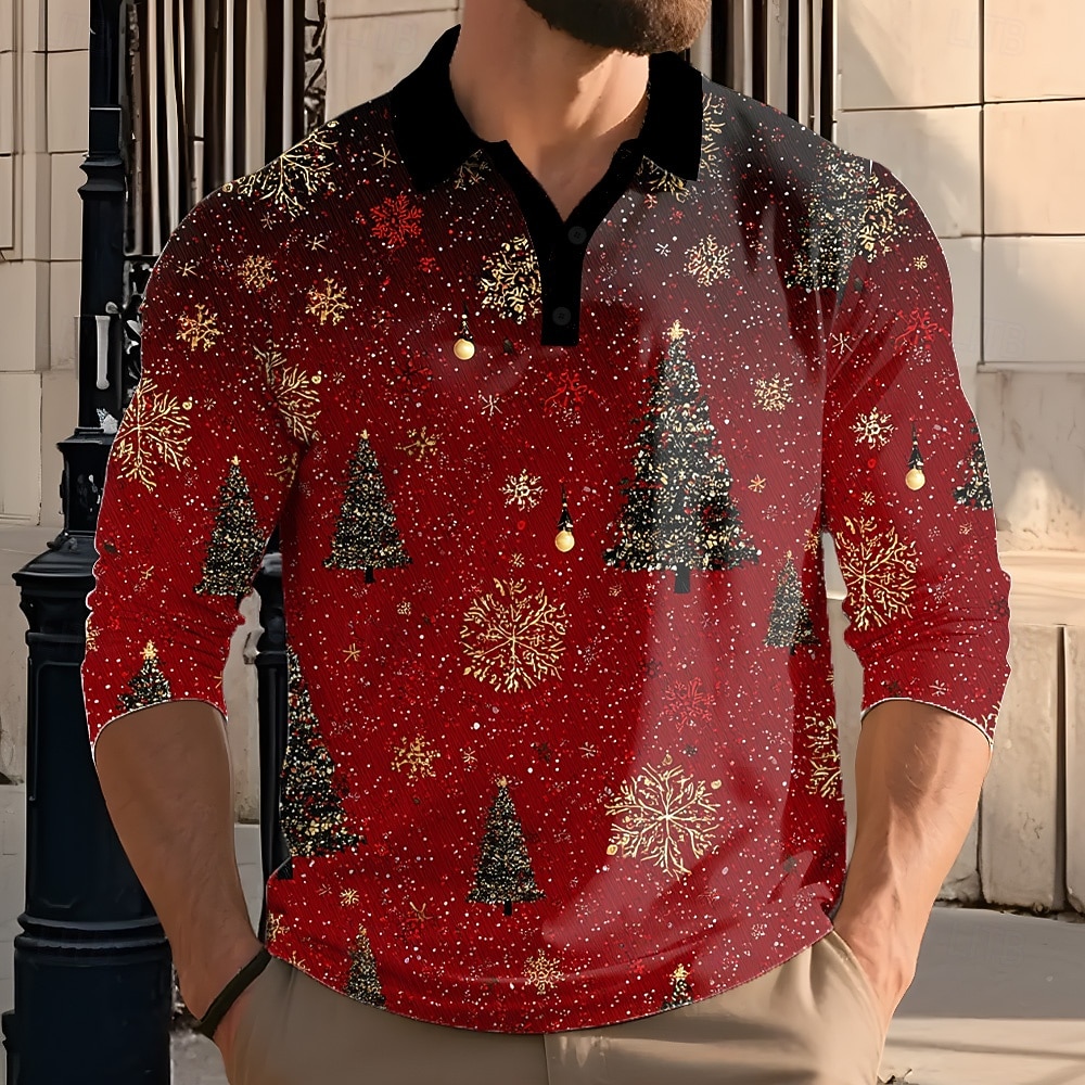 Jul Herr Lyktor Polo Långärmad Polotröjor Kavajslag Ledigt Utomhus Gata Fritids- Festival outfit 3D-utskrift Knappar Vår Höst Vinter Rubinrött Purpur Grön 2025 - $22.99 –P1