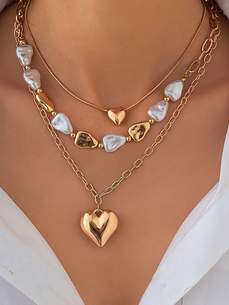 Damen-Mehrfachkette mit Herzanhänger – goldenes Kettenhalsband mit Perlenakzenten, Modeschmuck für Partys, Verabredungen und den Alltag 2025 - $9.99 –P1