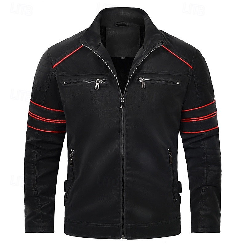 Men's Faux Leather Jacket Fleece Jacket Biker Jacket Motorcycle Jacket Vacation Daily Windproof Warm Patchwork Pocket Fall Winter Stripes Fashion Classic Stand Collar Regular Black Jacket 2026 - $82.99 –P2