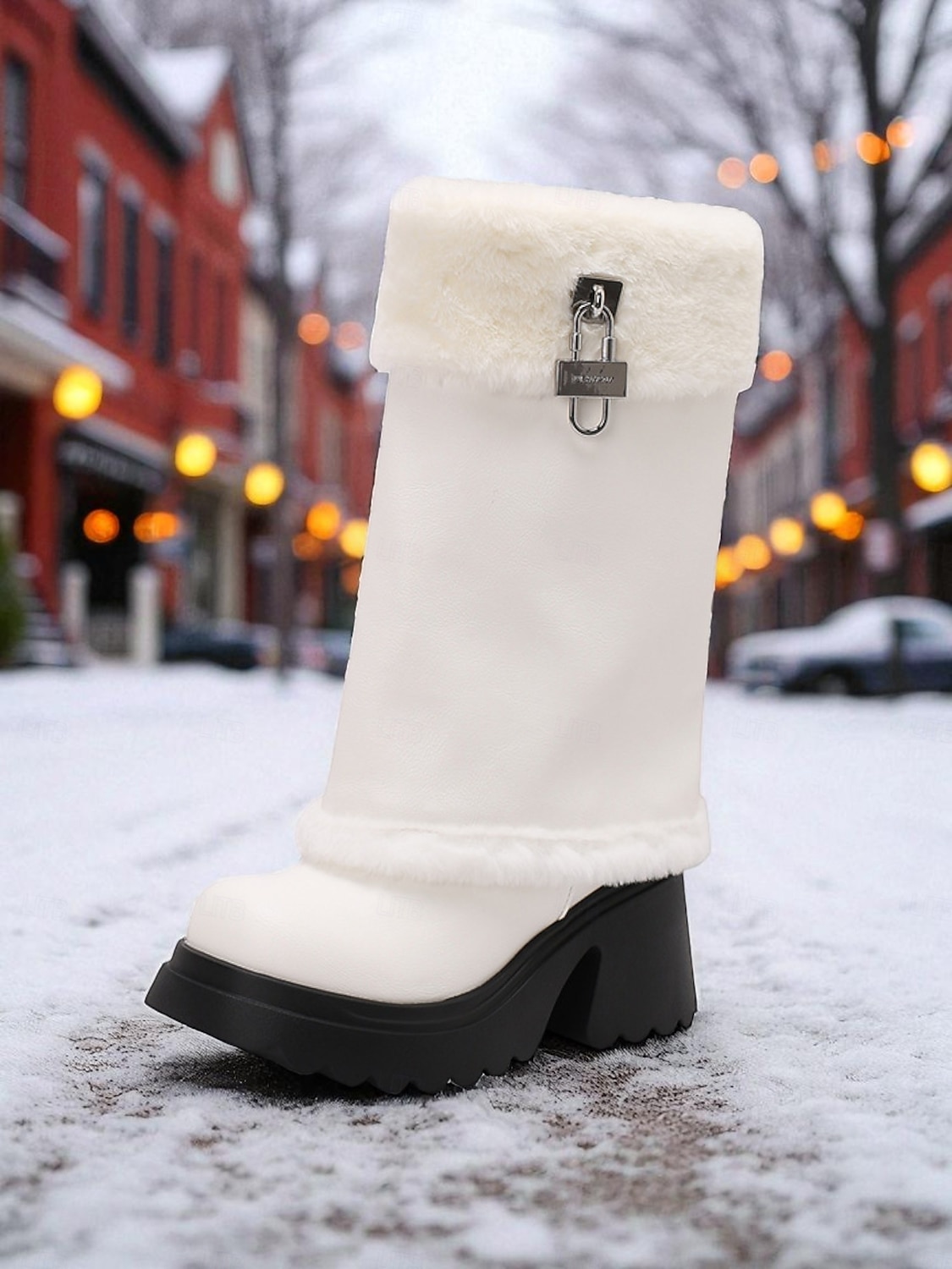 Women's Faux Leather Knee High Winter Boots with Faux Fur Trim and Block Heel - Warm Fashion Snow Boots for Ladies, Casual Streetwear, Outdoor & Holiday Outfits 2025 - CAD $89.99 –P4