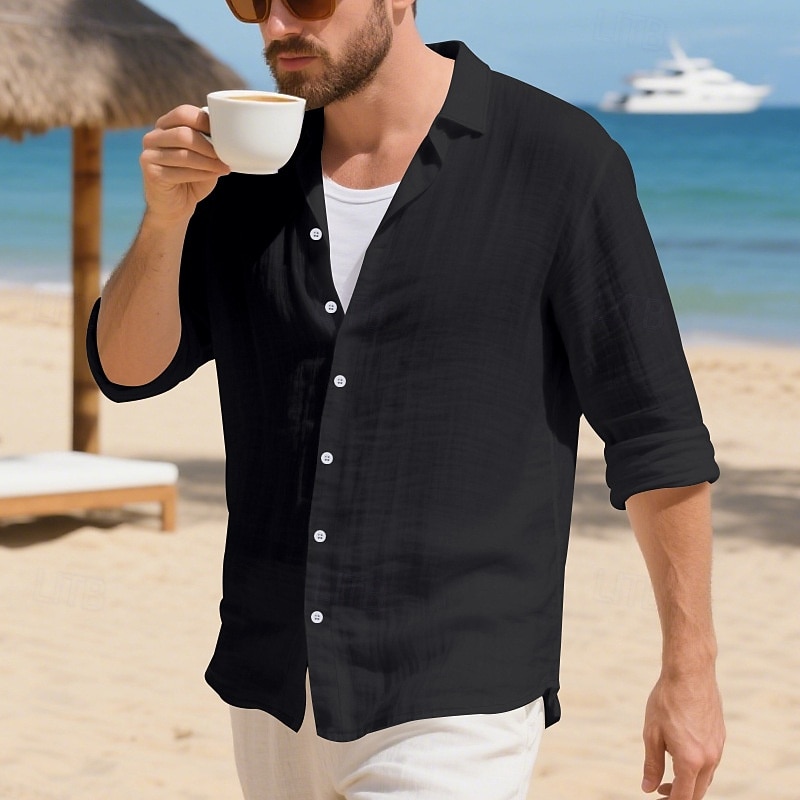 Herren Hemd Leinenhemd Freizeithemd Knopfhemd Baumwollhemd Einfach Urlaub Hawaiianisch Schwarz Weiß Gelb Marineblau Langarm Revers Frühling Herbst Bekleidung 2025 - $19.49 –P13