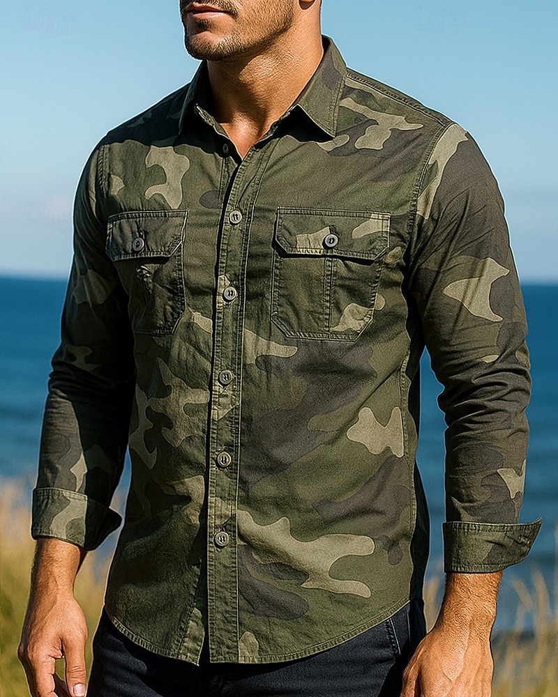 Hombre camisa cargo Camisa para senderismo Manga Larga Cuello Vuelto Camiseta Al aire libre Transpirable Algodón Color Camuflaje Verde Ejército Caqui Gris Tenis Golf Corriendo 2025 - $32.99 –P1