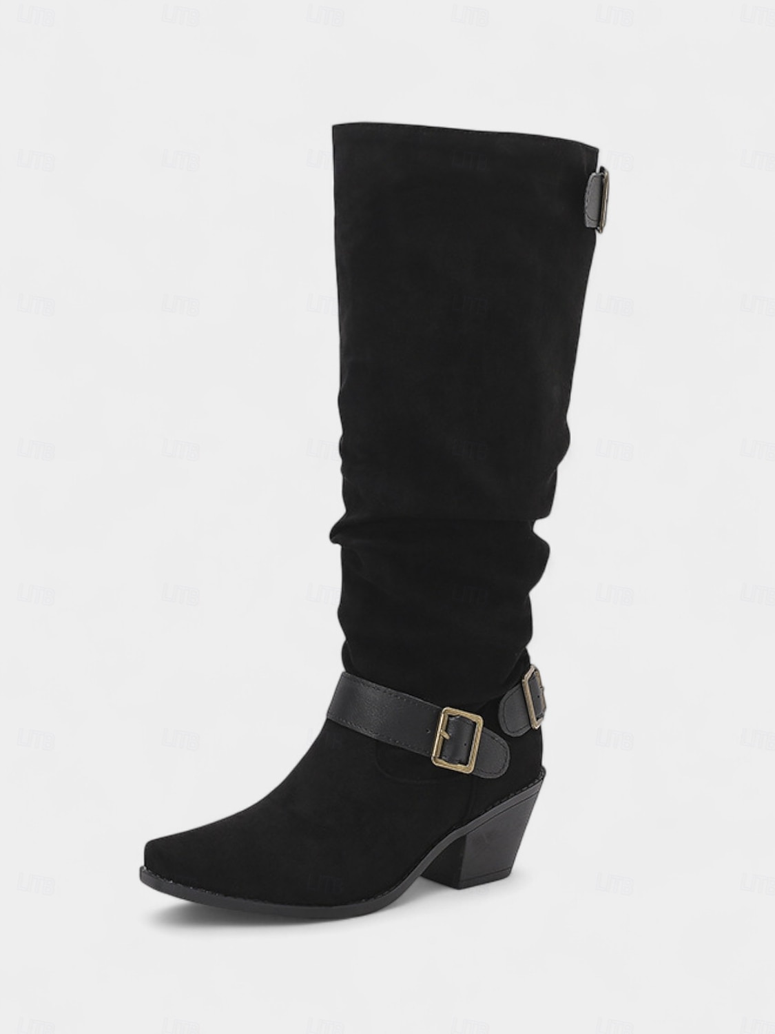 Paarse suède knielaarzen voor dames met gespen – western cowboystijl laarzen met blokhak voor herfstmode, Halloween-outfits en outdoor streetwear 2026 - $69.99 –P5