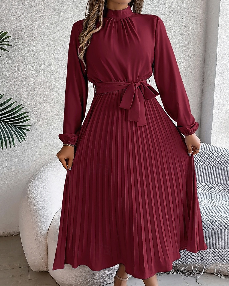 Mulheres Vestido midi vestido de cetim Vestido de festa Vestido Coquetel Vestido franzido Elegante Moderno Festa de Noite Festa Encontro Normal Tecido Manga Longa Colarinho Chinês Preto Rosa Vinho de 2026 por $31.99 –P16