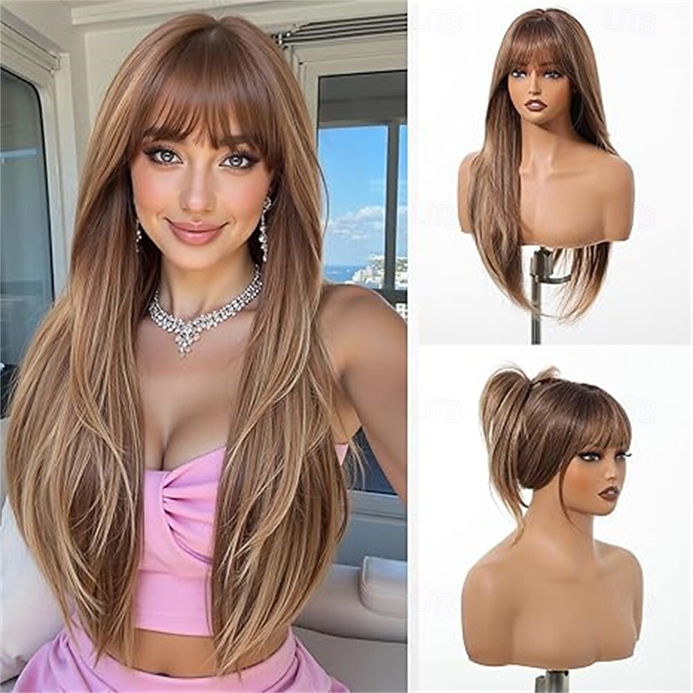 2026年 前髪付きロングブロンドストレートウィッグ、ロングオンブレブロンド合成レイヤーウィッグ、女性用デイリーユース26インチ  コレクション – $23.99 –P10
