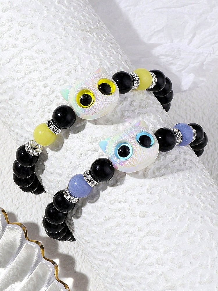 Dámský halloweenský korálkový náramek s kočkou, který svítí ve tmě – roztomilý černobílý strečový náramek s kočičím přívěskem na párty, cosplay a dárky 2026 - $5.99 –P6