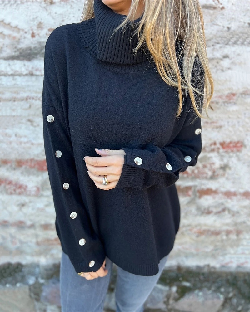 Femmes Pull Mode Streetwear Occasionnel Couleur Unie Côtelé Col roulé Boutons Tricoté manche longue Hauts Réguliers Tricoter Extérieur Quotidien Week-end Noir Automne Hiver de 2026 ? $37.99 –P1