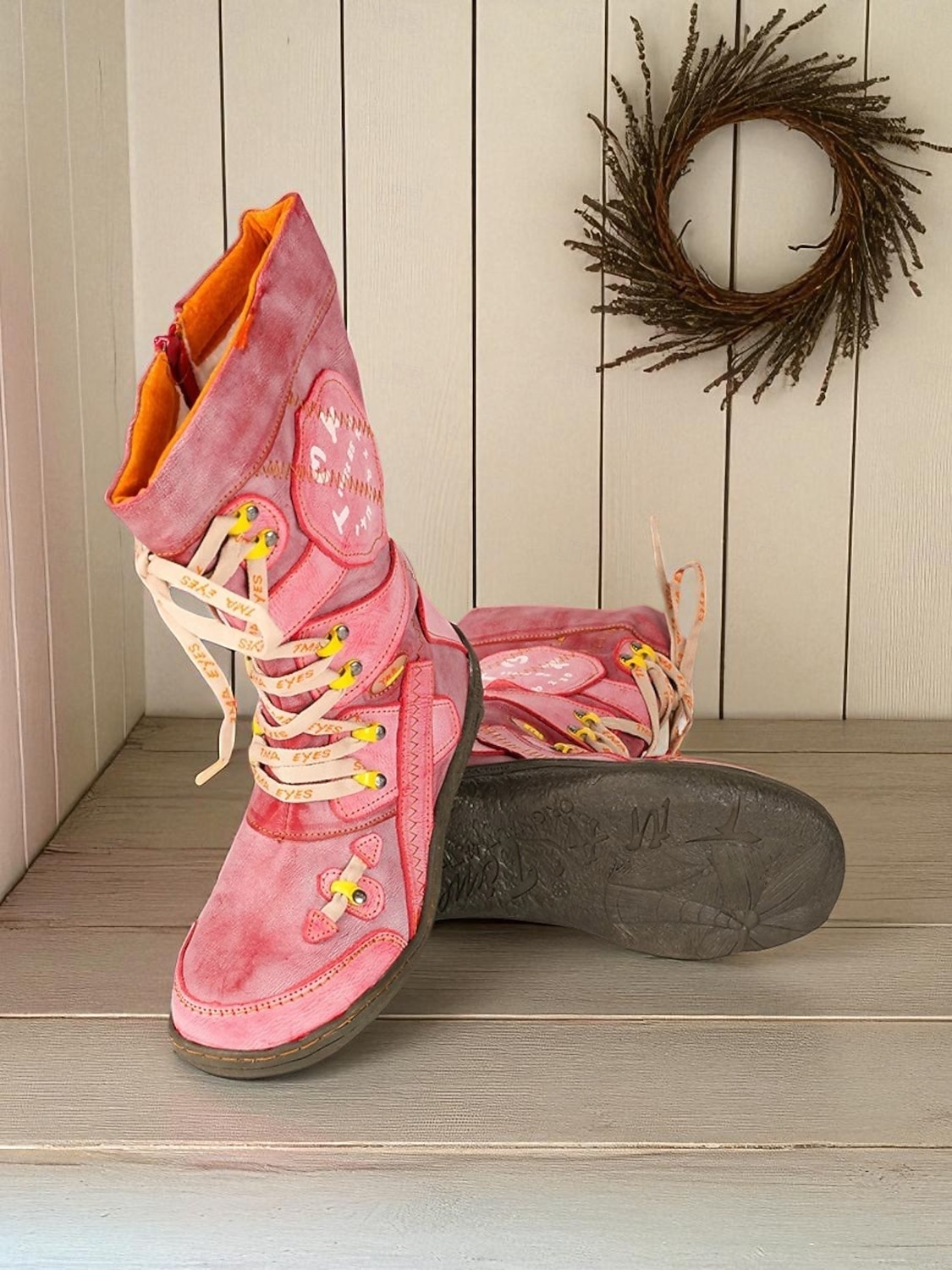 Botas de combate rojas con cordones a media pantorrilla para mujer con forro polar, estilo rústico vintage, cómodas botas hechas a mano para atuendos casuales y ropa de invierno al aire libre. 2026 - $89.99 –P2