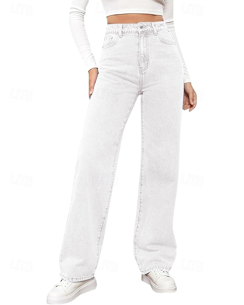 Dame Jeans kinesisk Rett Ferie Årgang Gatemote Full lengde Middels midje عادي Lomme Elastisk midje Bekvem Uelastisk Mikroelastisk utendørs Gate Daglig Svart Grå Marine Svart Hvit Høst Vinter Normal 2025 - $9.99 –P11