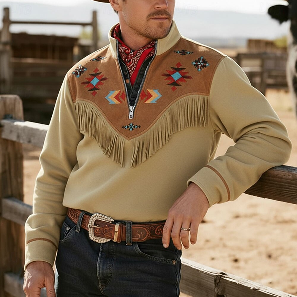 Men's Cowboy Costume Sweatshirt Ethnic Vintage Retro Long Sleeve Stand Collar Outdoor Work Gift Black Brown Khaki Zipper Fall Winter Designer S M L XL XXL XXXL 2026 - $28.99 –P4