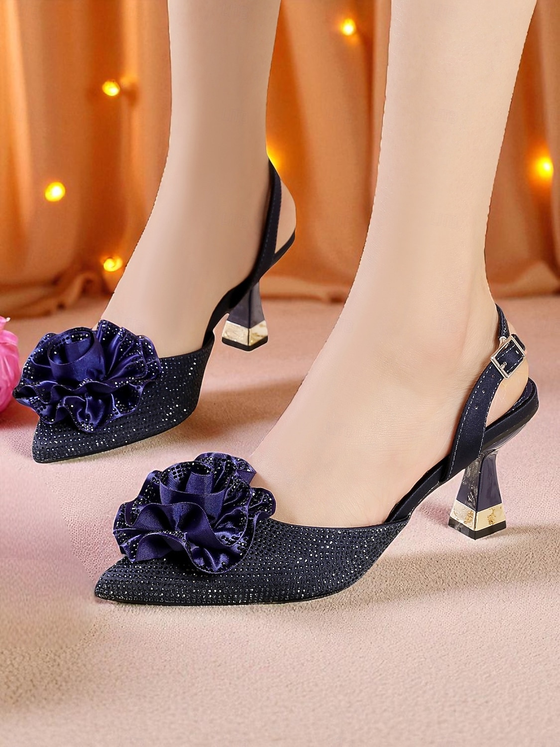 Женские фиолетовые туфли со стразами и цветочным декором на каблуке-слингбэке — элегантные туфли с острым носком для официальных мероприятий и коктейльных вечеринок 2025 - $54.99 –P10