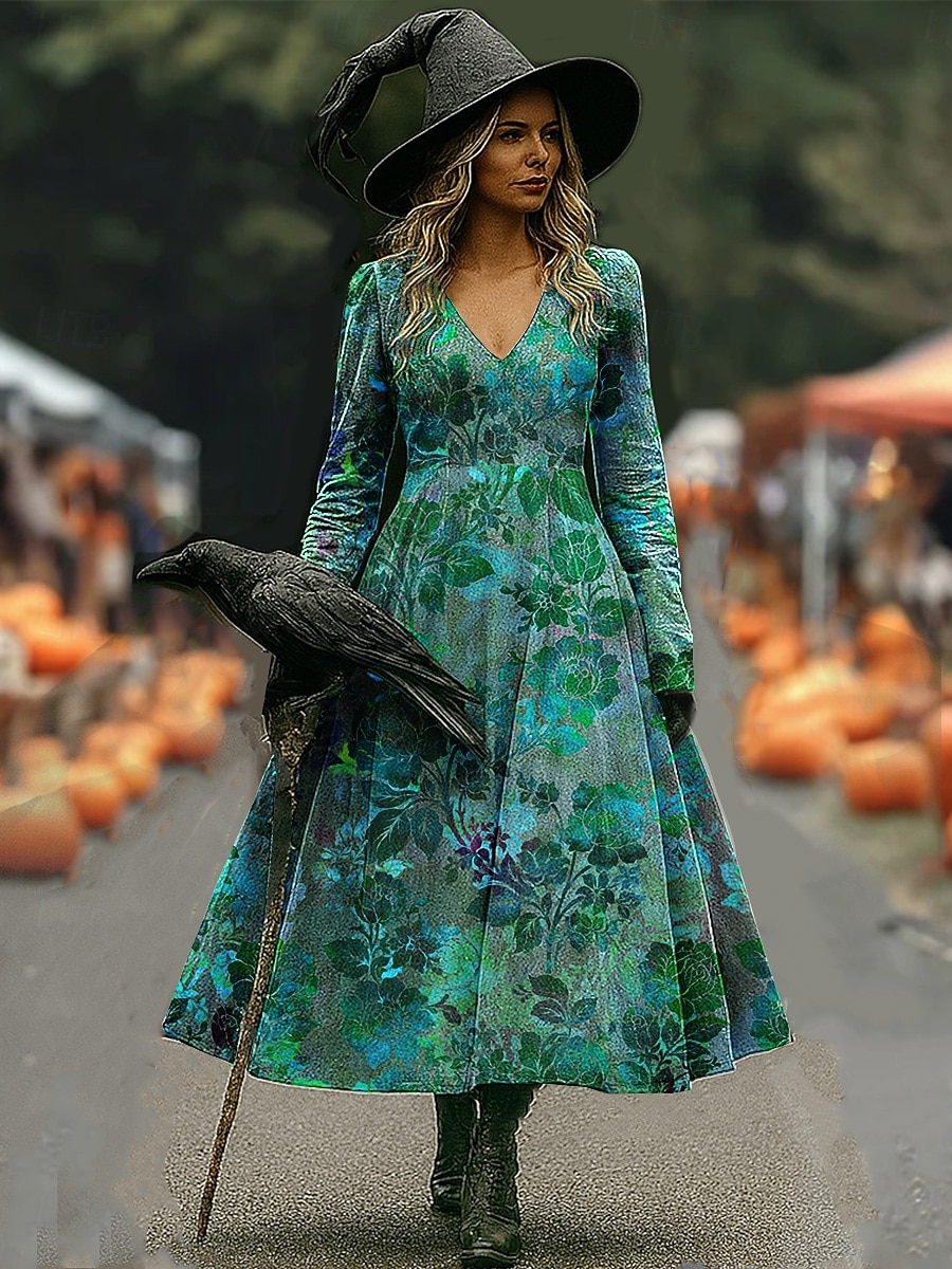 Halloween dámské šaty maxi s potiskem čarodějnice A-line šaty dovolená běžné boho pláž normální střih květinová grafika dlouhé rukávy V výstřih červená modrá fialová oranžová jaro podzim 2025 - $33.99 –P5