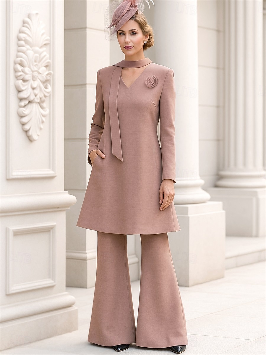 Two Piece Pantsuit Floor Length Wedding Guest Dress Mother of the Bride Dress Long Sleeve V Neck Elegant Simple Wedding Guest Spandex with Flower Solid Color 2026 - $172.99 –P1