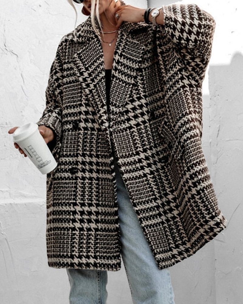 Damen Freizeitjacke Warm Bequem Tasche Knöpfe Mode Outdoor Streifen und Karo Ausgehen Wochenende Einreihig Regulär Revers Normale Passform Langarm Oberbekleidung Schwarz Aprikose Herbst Winter 2025 - $38.99 –P2