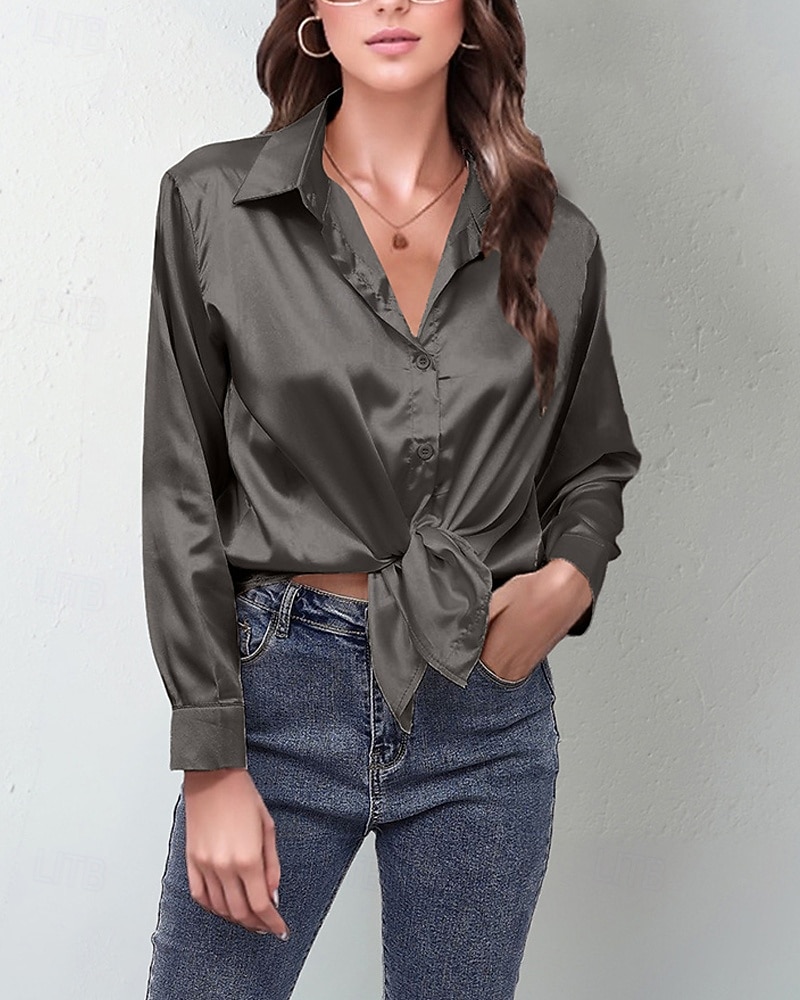 Damskie Koszula Elegancki Szykowny Top satynowy Guziki Jednokolorowe Elegancki Codzienny Długi rękaw Kołnierzyk koszuli Zwykłe topy Codzienny Wyjściowe Niebieski Jasnozielony Rumiany róż Żółtobrązowy 2026 - $27.99 –P3