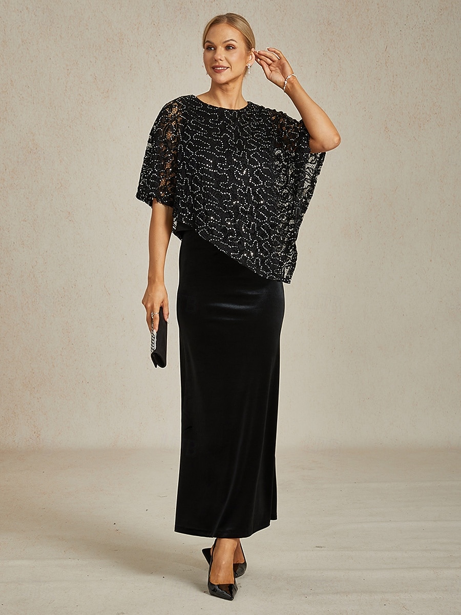 فستان بونشو مزين بخيوط لامعة للنساء، بلوزات Lace، بلوزات مسائية، لون موحد، أنيق، stylish، بدون أكمام، رقبة دائرية، بلوزات عادية، ضيوف الزفاف، ملابس المساء، حفلة مسائية، Lace، أسود، ربيع، خريف، شتاء 2025 - $69.99 –P5