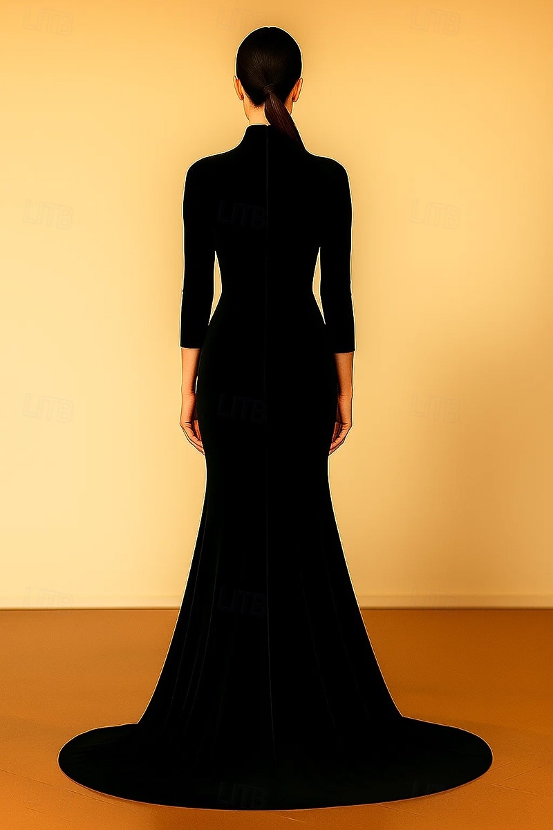 Robe de soirée sirène/trompette en velours extensible noir à imprimé léopard, élégante robe de soirée formelle, traîne de balayage/pinceau, manches 3/4, col haut avec perles froncées 2025 de 2025 ? $159.99 –P2