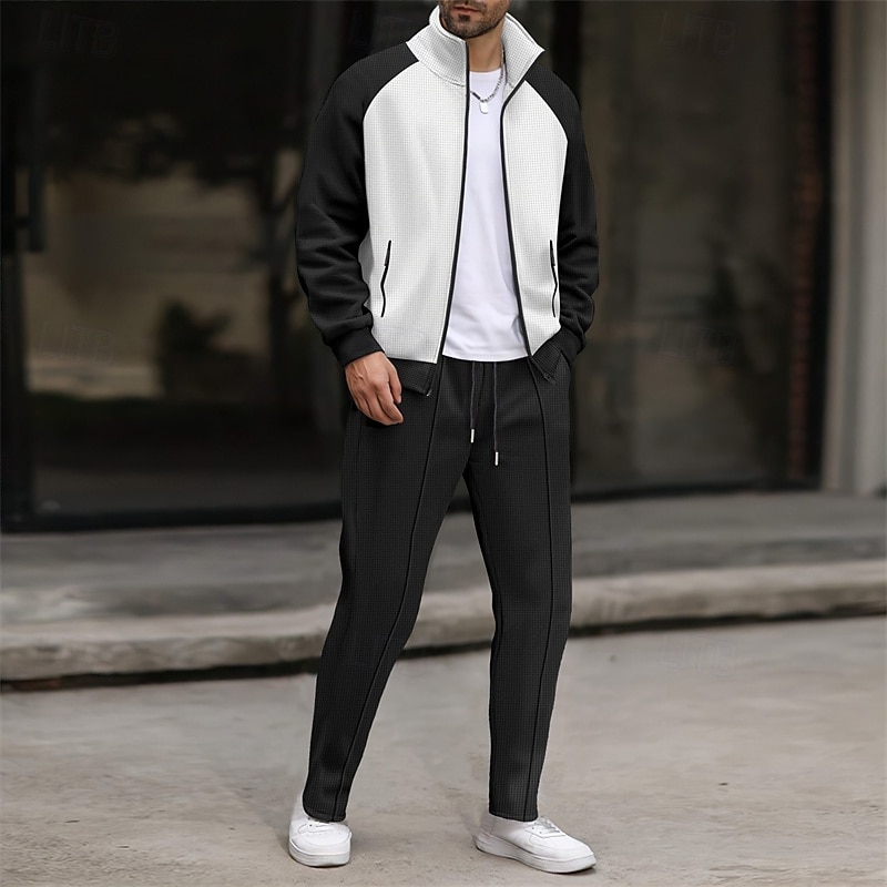 Men's Sweatshirt Tracksuit Outfit Set Stand Collar Outdoor Daily Sports Drawstring Zip Up Pocket Color Block White Brown Khaki Polyester Activewear Fashion Streetwear Spring 2025 - $36.99 –P7