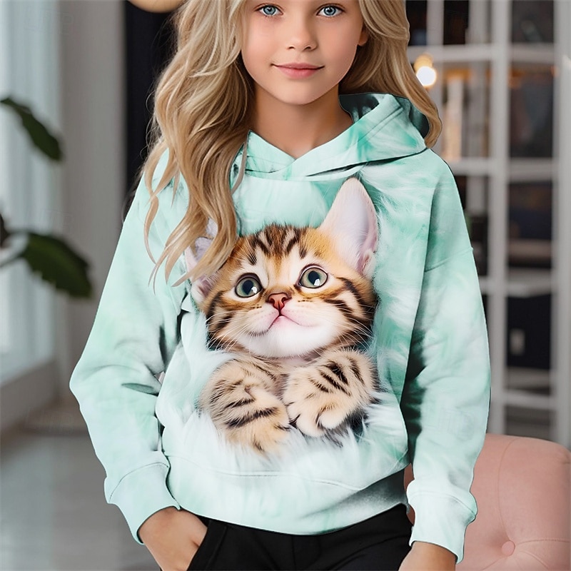 Flickor 3D Katt Huvtröja Långärmad Höst Vinter Mode Förtjusande Grundläggande Barn 4-12 år Huva Utomhus Ledigt Dagligen Normal 2025 - $18.99 –P1