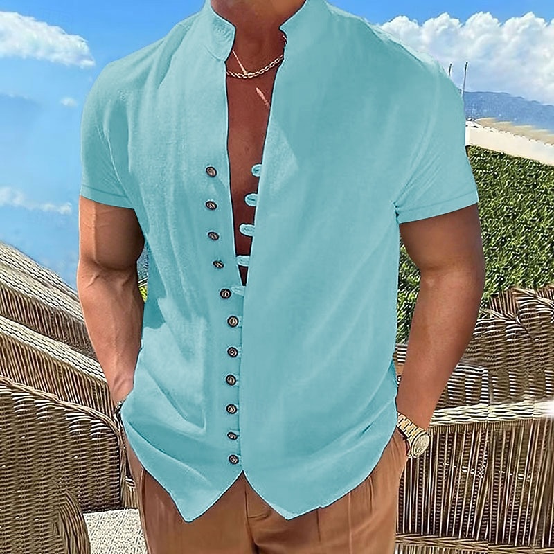 Men's Linen Shirt Summer Shirt Beach Wear Button Up Shirt Plain Vacation Curise Black White Pink Blue Short Sleeve Stand Collar Spring & Summer Clothing Apparel Basic 2025 - $12.99 –P8