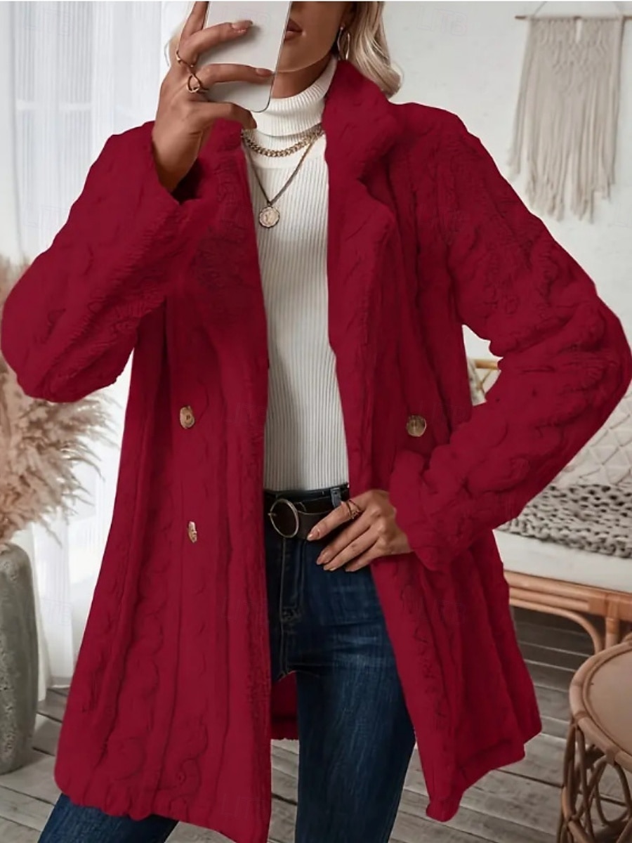 Dames Fleecejack Teddy jas Houd Warm Ademend Zak Met fleece gevoerd Casual Effen Vakantie Straat Casual Alledaagse kleding Dubbele rij knopen Lang Ingesneden revers Normale pasvorm Lange mouw 2025 - $44.99 –P15