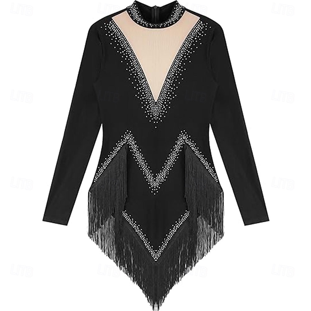 Rochie de dans latino strălucitoare pentru femei, cu mânecă lungă, cu ciucuri, cha cha, salsa, rumba, tango 2025 - $142.99 –P4