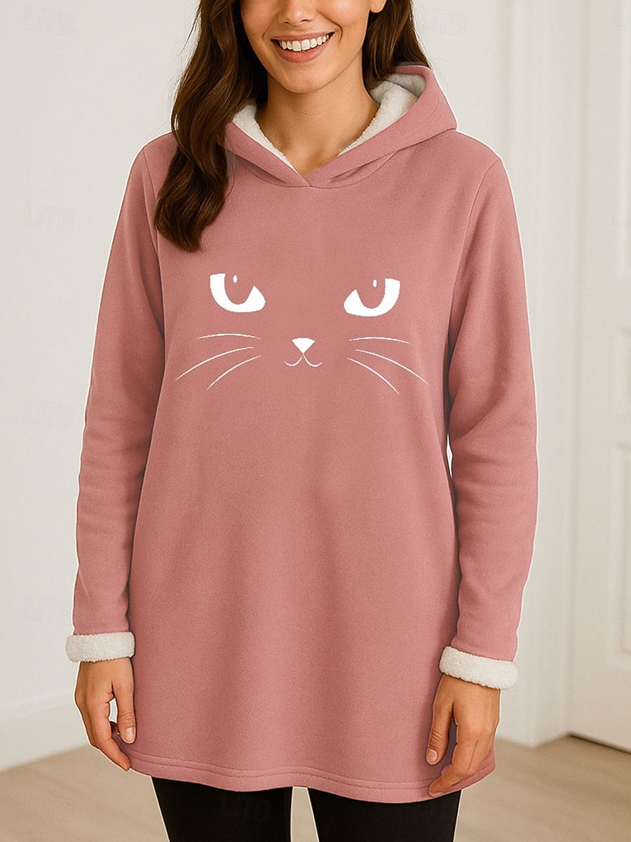 Dame Pullover hettegenser-genser Grafisk Katt Fritid Comfrt Langermet Med hette Lange topper Gate Hverdag Avslappet Trykt mønster Rosa Blå Grå Høst Vinter 2025 - $28.99 –P1