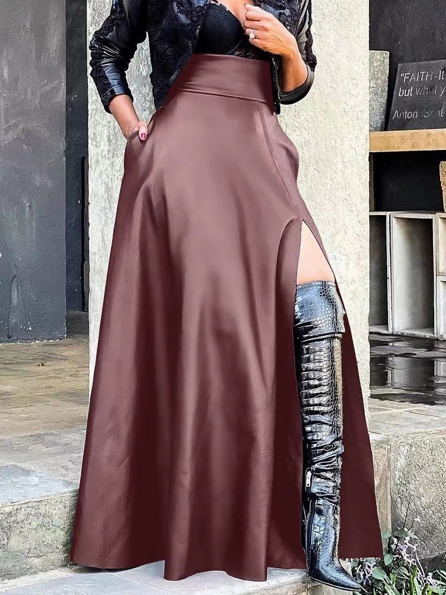 Pentru femei Elegant Modă Casual Maxi Talie Înaltă Fuste Simplu Varfuri despicate Inelastic Zilnic Petrecere Roșu Vin Negru Roz Îmbujorat Maro Primăvară 2026 - $48.99 –P6