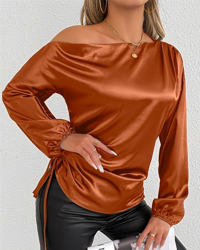 Dames Overhemd Satijnen overhemd Effen Kleur Stijlvol Casual Lange mouw koude schouder Normale tops Dagelijks Uitgaan Asymmetrisch Geel Bruin Lente Herfst 2025 - $24.99 –P4