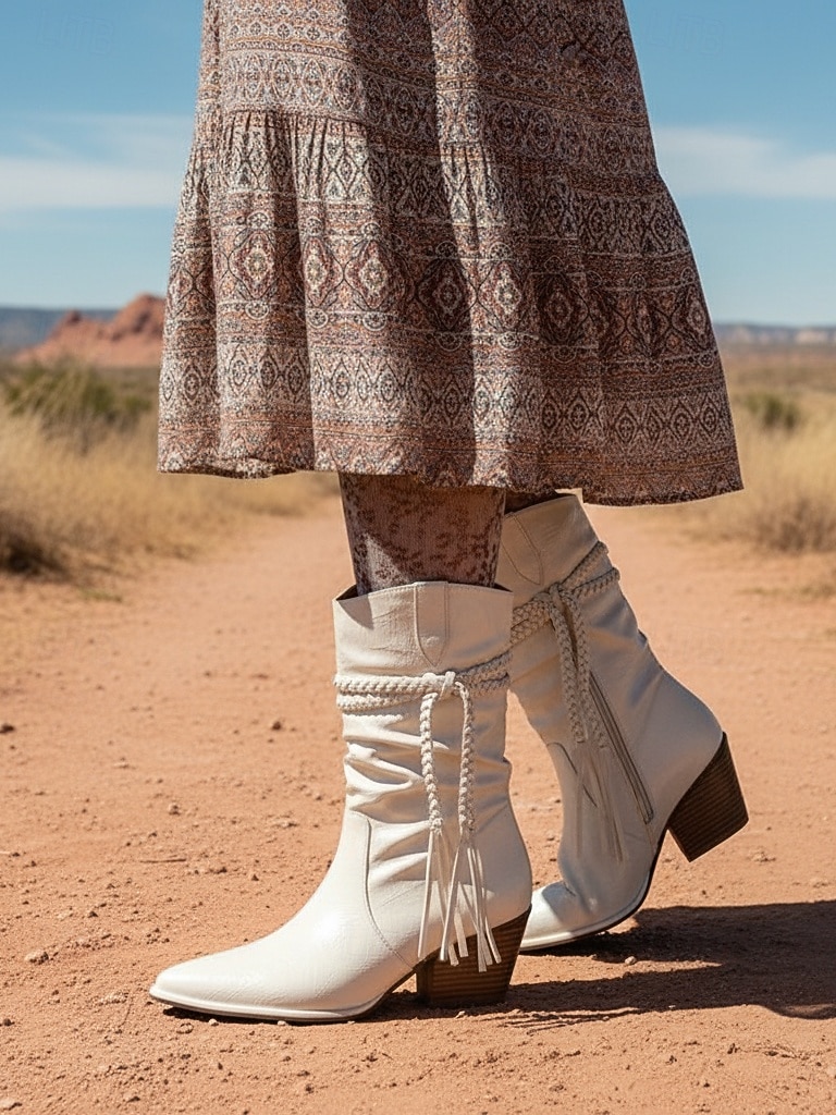 Botas femininas de camurça boêmia de cano médio com design de borlas trançadas e salto grosso - calçado casual estilo retrô western para festas e festivais de 2025 por $42.99 –P6