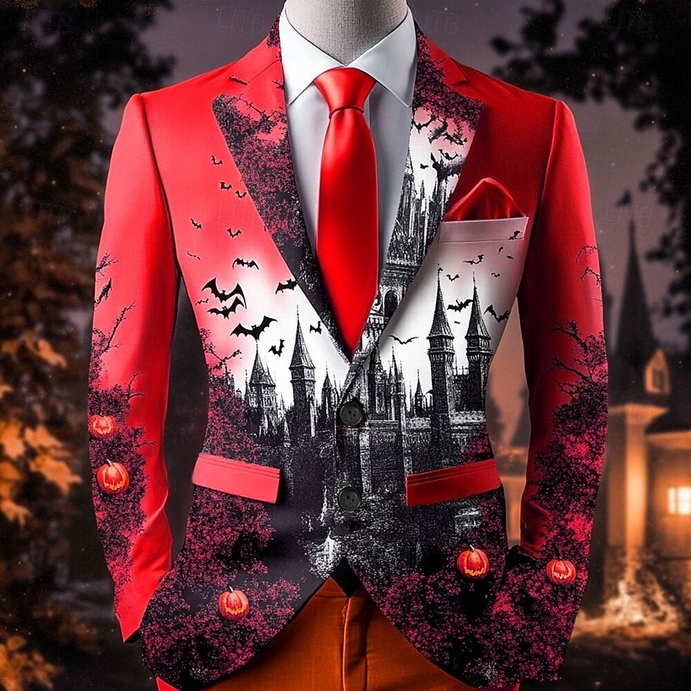 Halloween Herr Fladdermus Borg Kavajjacka Bekväm Artistisk Ledigt Festkvällskläder Dagligen Festival 3D-utskrift Knappar Flera fickor Vår Höst vinter Platt krage Långärmad Rubinrött Orange Grön 2025 - $62.99 –P4